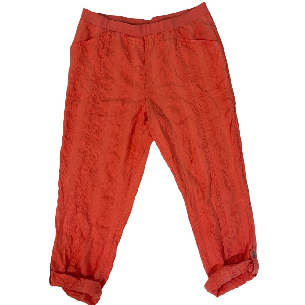 Chicos Womens Coral Orange Textured Crinkle Crop Pants Size 2.5 Elastic Waist